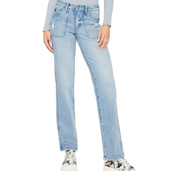 KanCan Light Sandblasted High Rise Porkchop Pocket Straight Jean - Picture 1 of 9